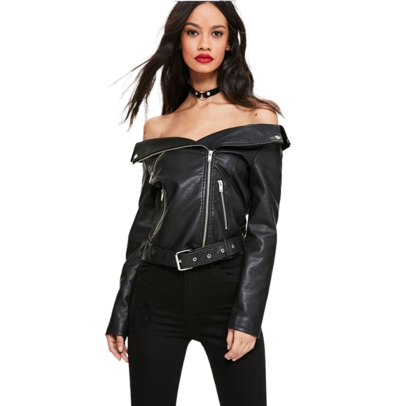 Black Off Shoulder Moto Jacket - Picture 1 of 5